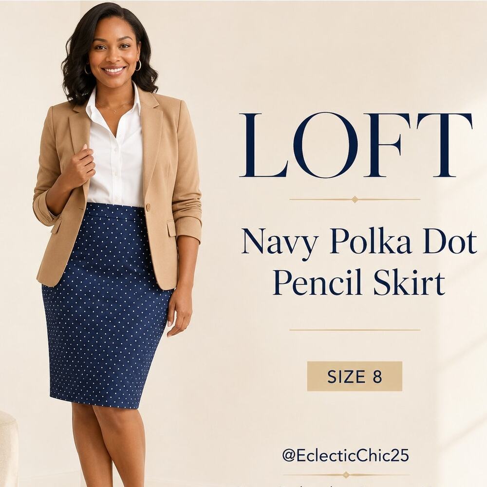 LOFT Navy White Polka Dot Pencil Skirt Women’s Size 8 Cotton Stretch Lined